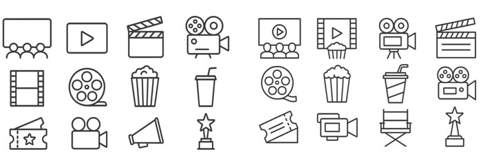 Film industry icons representing cinematic elements, activities, and tools in a minimalistic style