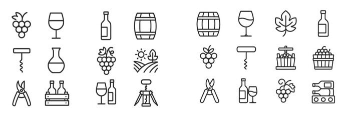 Wine production icons showcasing vineyard activities and essential winemaking tools in simple line art style