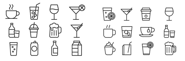 Variety of beverage icons illustrating different drinks including coffee, cocktails, and soft drinks, on a clean background