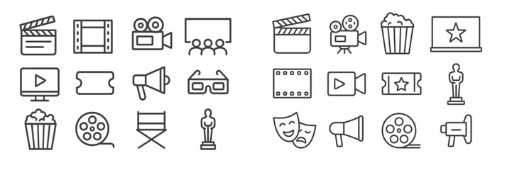 Obraz premium Movie icons collection featuring film elements, projectors, and awards in a minimalist design for cinema lovers
