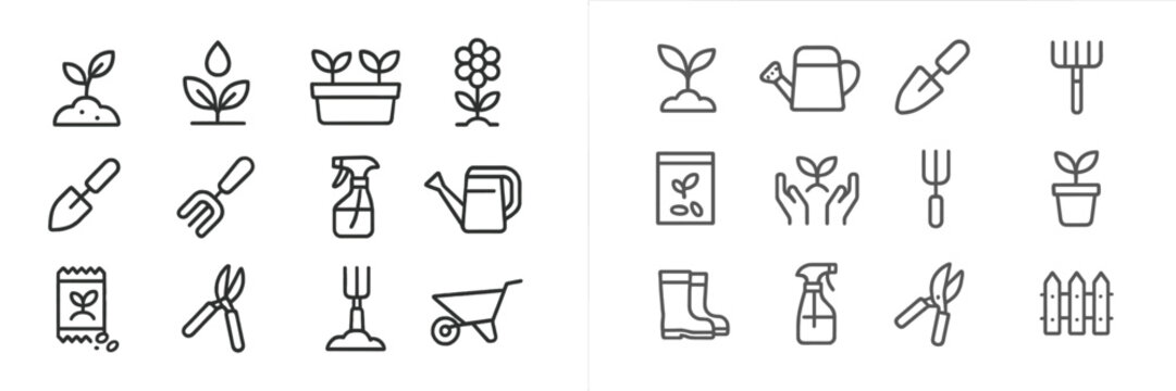 Gardening tools and plants illustrated in simple line art style for nature lovers and gardening enthusiasts