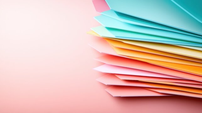 Vibrant pastel paper sheets layered thoughtfully create a visually striking image, highlighting various colors that evoke creativity and artistic expression.