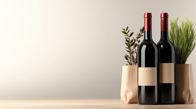 Elegant wine bottles placed alongside vibrant greenery convey a sense of sophistication and celebration, ideal for events and gatherings with a touch of style.