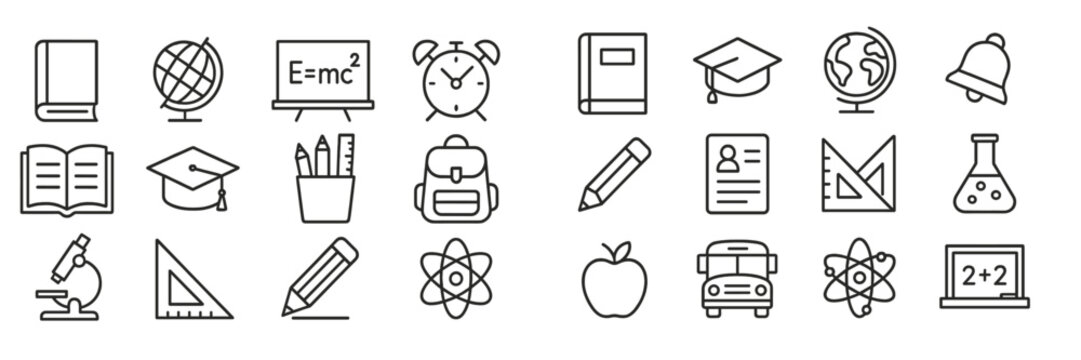 Educational icons represent various school subjects and tools in a simple, modern style suitable for graphics and design