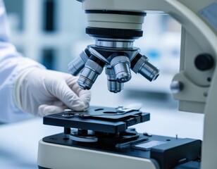Gloved hands adjusting laboratory microscope focus.