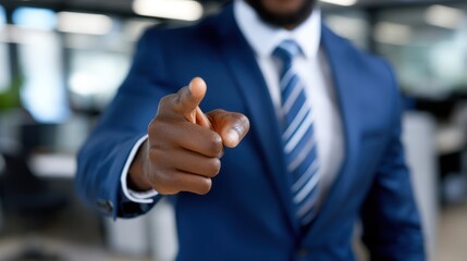 Businessman in suit pointing at viewer with blurred office background