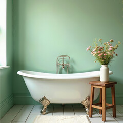 A serene vintage bathroom with a classic white clawfoot tub and ornate chrome feet against a calming sage green wall, perfect for a relaxing soak.
