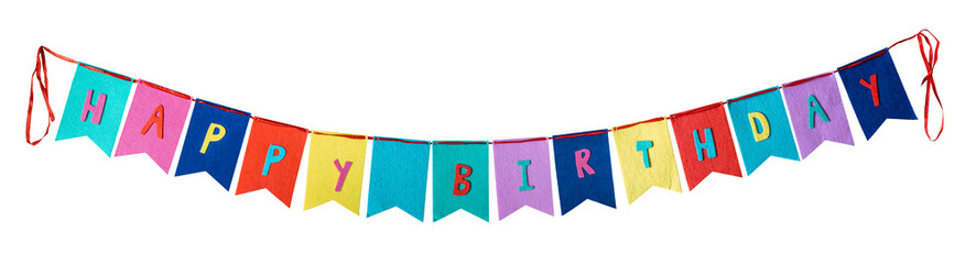 Birthday party garland decoration with happy birthday words isolated on transparent background.