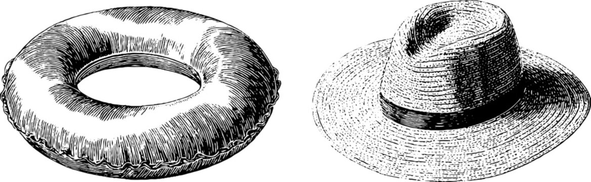 Engraved illustration of vintage floatie and hat for summer design projects