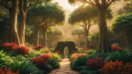 Opening trimmed hedge arch guiding winding stone pathway through forest garden, with vibrant shrubs