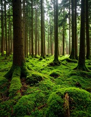 Obraz premium Magic beauty of green forest nature trees covered with moss