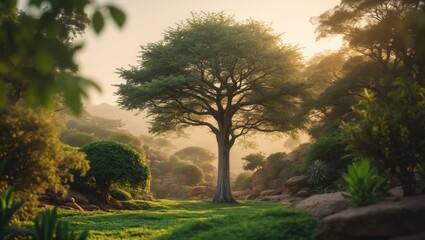 Standing solitary tree basking in sunlight at forest glade, with shrubs and rocky boulders