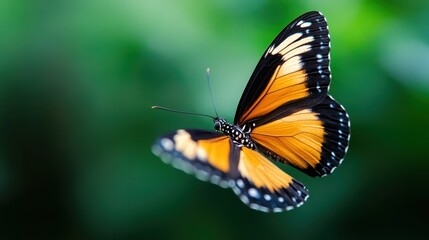 Obraz premium This stunning image captures a Monarch butterfly in mid-flight, surrounded by refreshing green foliage, symbolizing transformation, nature's beauty, and the delicate balance of ecosystems.