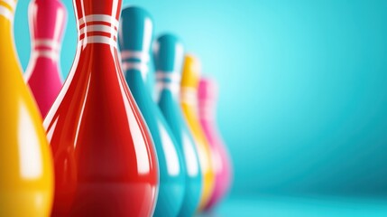 This vibrant image showcases a lineup of colorful bowling pins against a bright blue background, representing fun, sport, and leisure activities filled with excitement and energy.