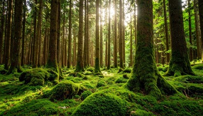 Magic beauty of green forest nature trees covered with moss