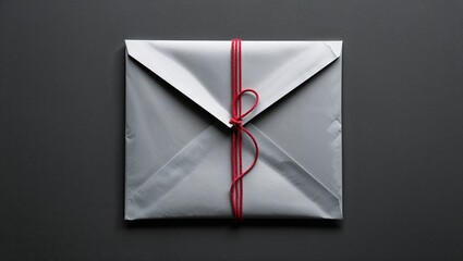 Displaying sealed light grey paper envelope on dark grey surface, with red string tied vertically
