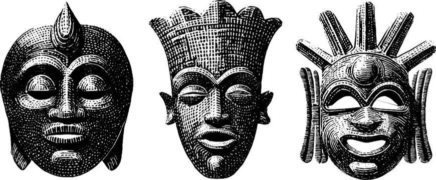 Engraved illustration of tikar ceremonial masks collection for cultural and artistic exploration