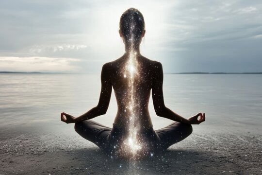 Woman in yoga asana pose with starry sky. Sea background. Concept of calm, nirvana, meditation.