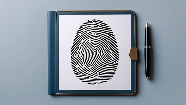 Displaying fingerprint print on white sheet in gold-trimmed blue binder on desk with gold-trim pen - Powered by Adobe