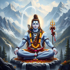Lord Shiva Meditating in Himalayas with Trident and Damaru, Hindu Deity in Serene Mountain Landscape © Hari