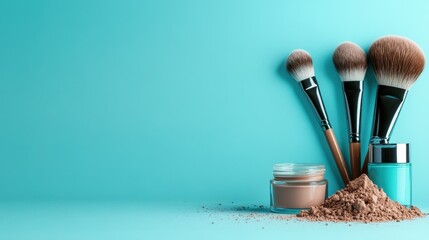 This stylish image features makeup brushes artistically arranged on a bright turquoise background, ideal for showcasing beauty products and enhancing cosmetic creativity.