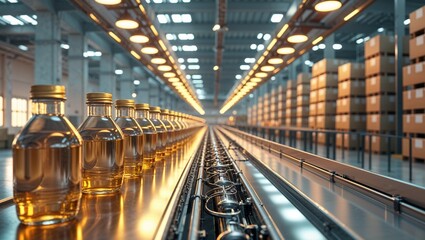 Moving clear plastic bottles along conveyor belt with LED lights in bottling plant, copy space