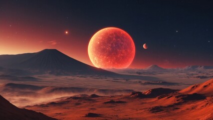 Hovering red planet rising over alien valleys, with volcanic cones and crescent moon