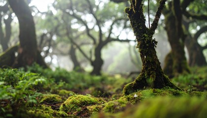Fototapeta premium Magic beauty of green forest nature trees covered with moss