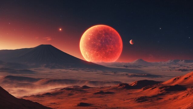 Hovering red planet rising over alien valleys, with volcanic cones and crescent moon - Powered by Adobe