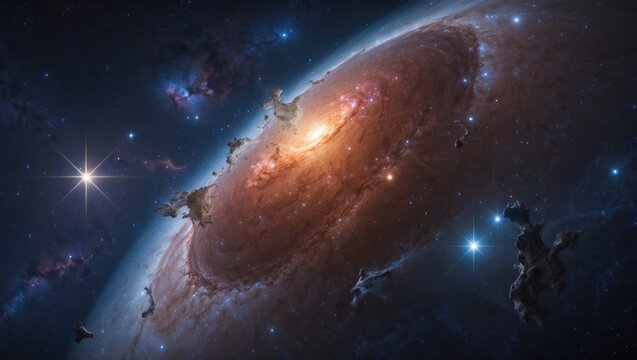 Displaying tilted spiral galaxy rotating in deep outer space, with glowing core and nebula patches