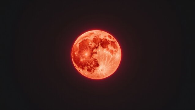 Glowing full red moon highlighting vivid crater patterns in open night sky, with soft red glow