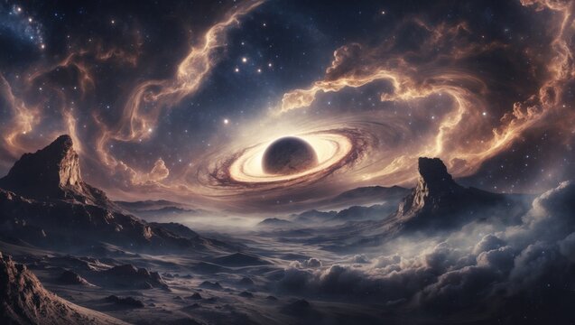 Illuminating ringed celestial body casting golden light over alien desert plain, with rocky spires