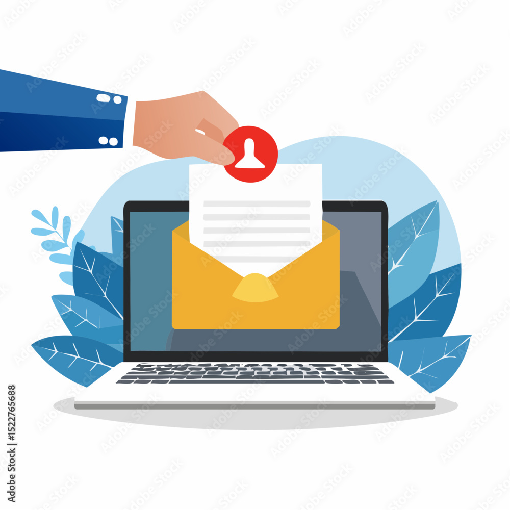 Poster digital email concept with hand adding a notification icon to an open email envelope displayed on a 