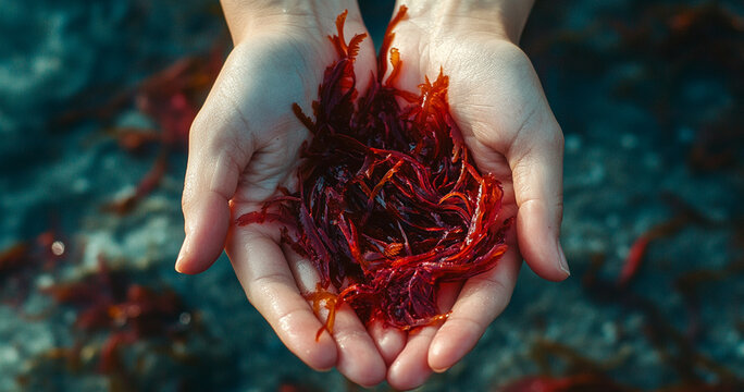 red  seaweed in hands