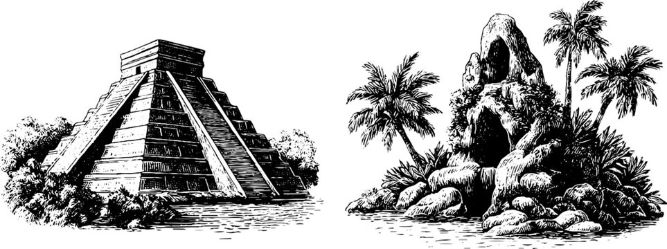 Ancient ziggurat and tropical oasis engraved illustration for historical prints