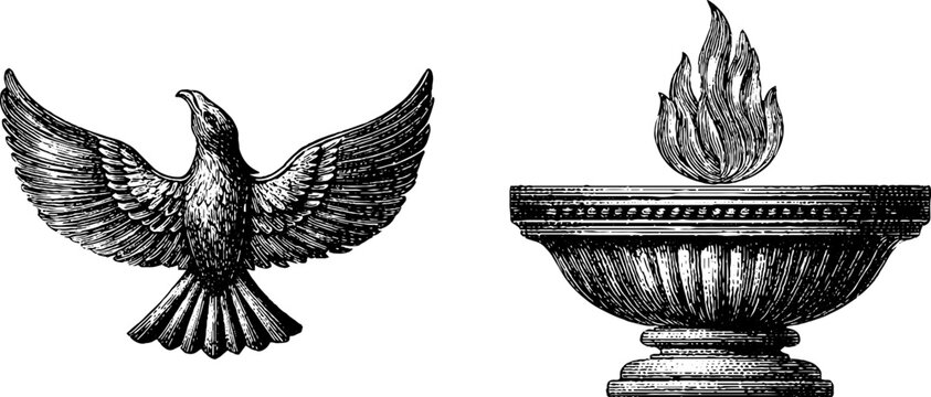 Engraved zoroastrian symbols with winged eagle and sacred fire altar for cultural design