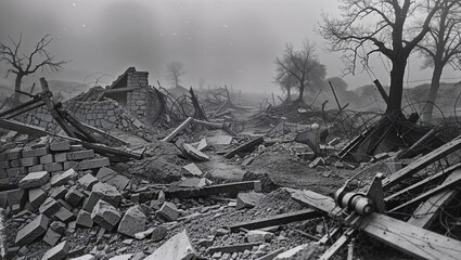 Showing war-damaged trench at foggy rural battlefield, with barbed wire obstacles