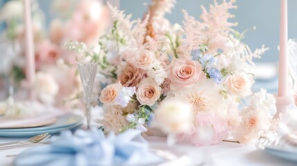 Elegant Floral Arrangement on Wedding Table with Roses and Candles