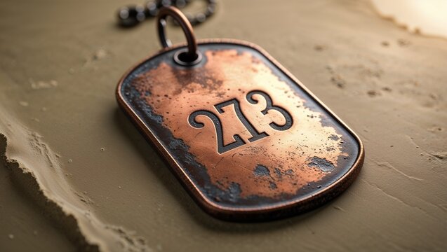 Showing copper dog tag resting on rough tan surface, with embossed number 273 and metal chain - Powered by Adobe