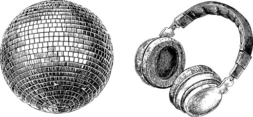 Vintage disco vibes with engraved mirror ball and headphones illustration for retro design
