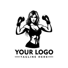 Strong athletic woman boxer in fighting stance wearing sportswear and boxing gloves, black and white cartoon vector illustration
