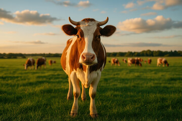 Brown And White Cow Standing In Green Pasture With Herd Under Blue Sky At Sunset