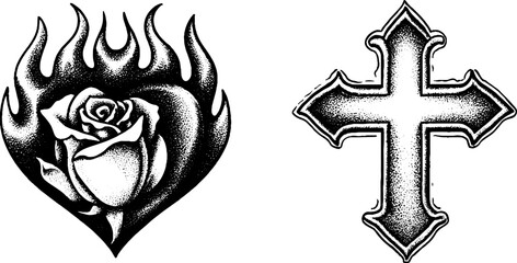 Fototapeta premium Engraved tribal heart with rose and cross design for tattoo inspiration