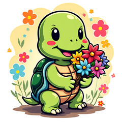 Adorable Cartoon Turtle Holding Colorful Flowers in a Springtime Setting with a Cheerful Expression cute cartoon