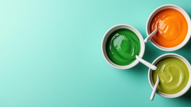 Three bowls filled with bright green, orange, and yellow dips sit atop a smooth aqua surface, inviting a fresh and vibrant culinary experience for food enthusiasts.