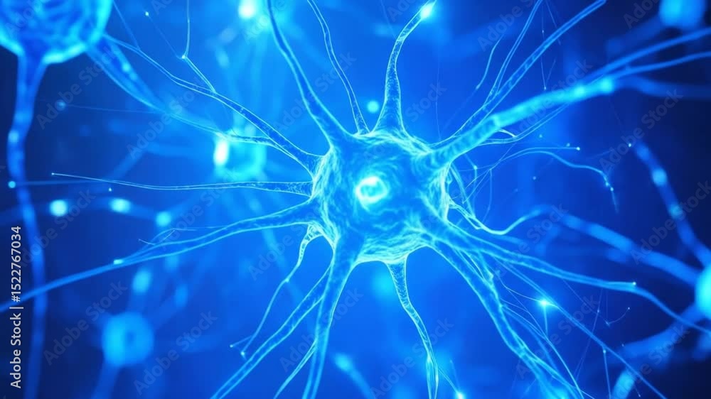 Poster digital render of neurons firing in the brain with blue light flashes and connections