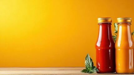 Two vibrant bottles of sauce, one red and one yellow, stand out against a bright background, appealing to culinary enthusiasts and capturing the essence of flavor.