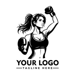 Strong athletic woman boxer in fighting stance wearing sportswear and boxing gloves, black and white cartoon vector illustration
