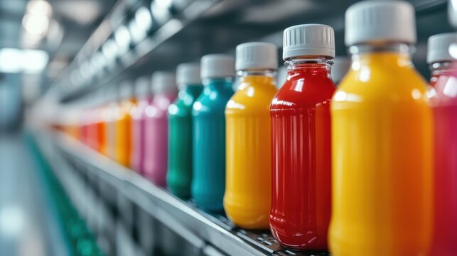 An array of colorful beverage bottles neatly lined up in a modern refrigerated display, showcasing a vibrant palette that draws attention and invites quenching of thirst.