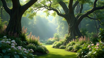 Fototapeta premium Enchanting forest path with sunlight filtering through trees, creating a serene and inviting atmosphere. Ideal for nature, travel, or inspirational projects.